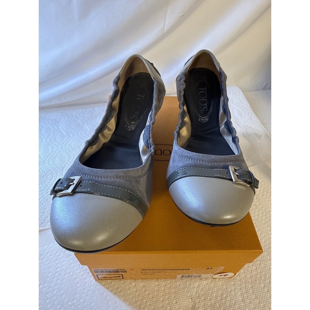 Tods Grey Suede Metallic Leather Buckle Ballerinetta Ballet Flats Size 41 or 10
